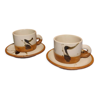 Duo mugs, assiettes dessert vintage "la colombe" céramique