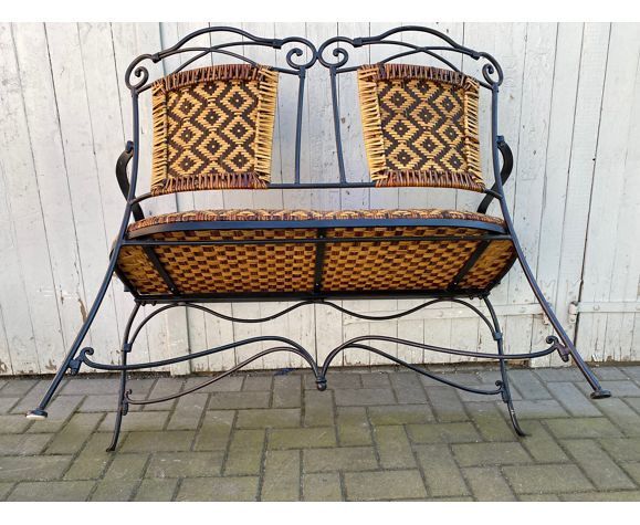 Set of vintage garden furniture sofa wrought iron and wicker, chairs & coffee table vintage 1980