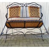 Set of vintage garden furniture sofa wrought iron and wicker, chairs & coffee table vintage 1980