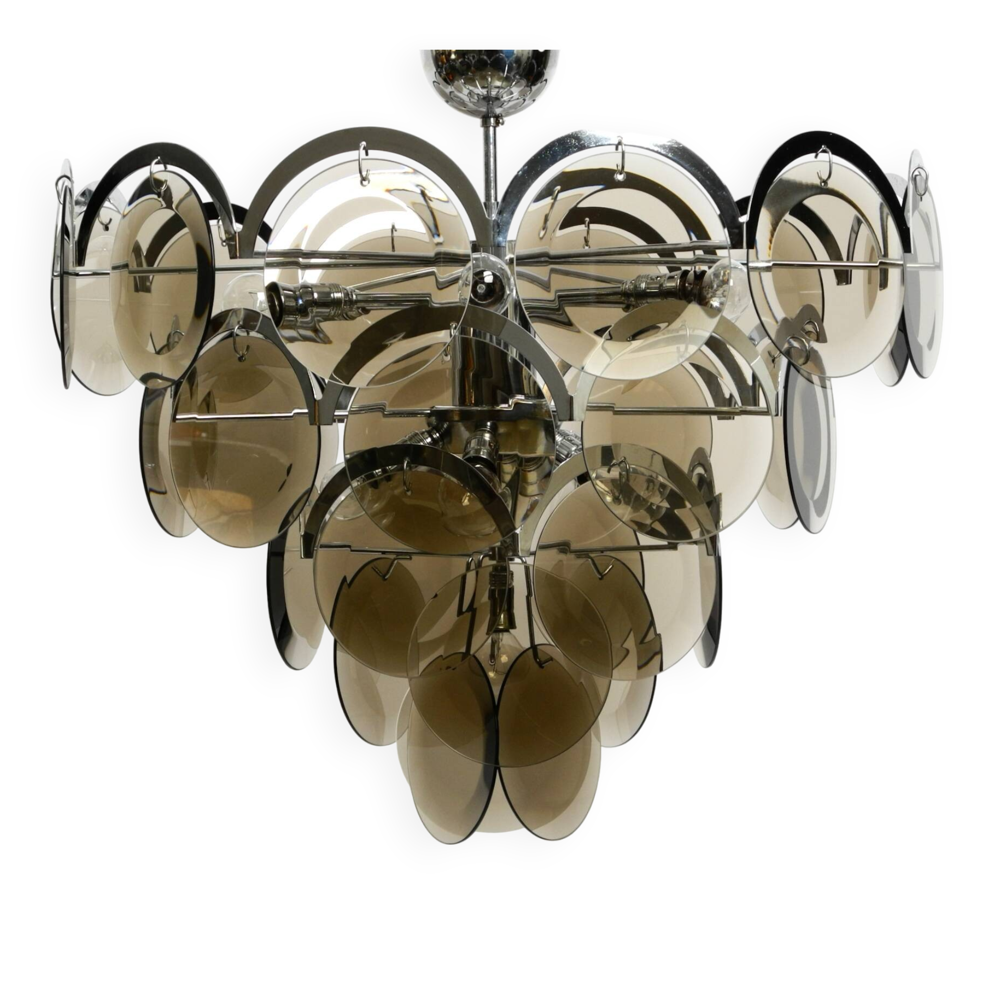 Large original 1960s large chrome metal and glass disc ceiling chandelier