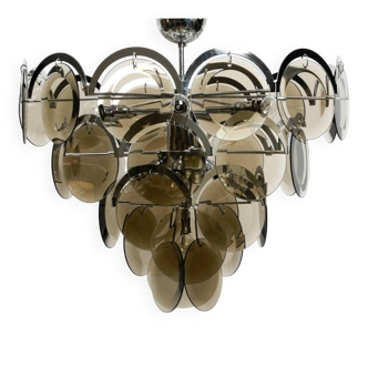 Large original 1960s large chrome metal and glass disc ceiling chandelier
