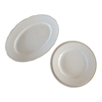 1 plat et 5 assiettes terre de fer patine crème