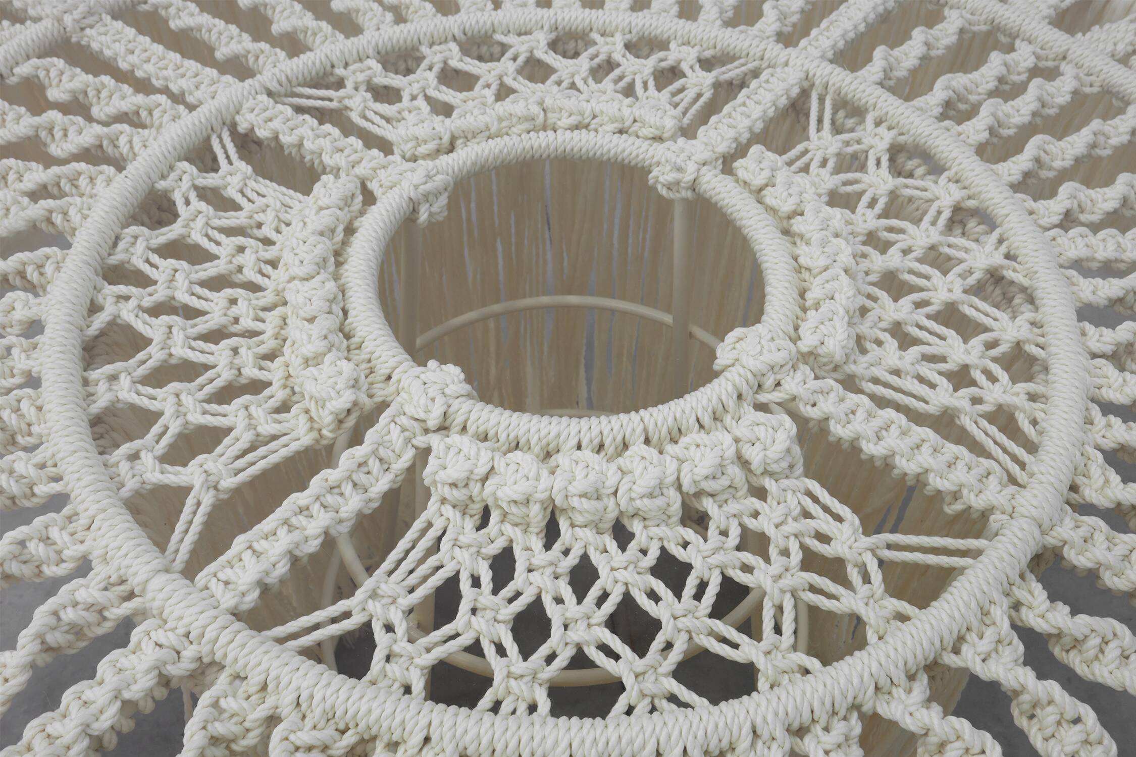 Monumental dining table with glass top and macramé, Italy