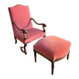Armchair Voltaire or shepherdess and foot rest in pink velvet Louis XVI