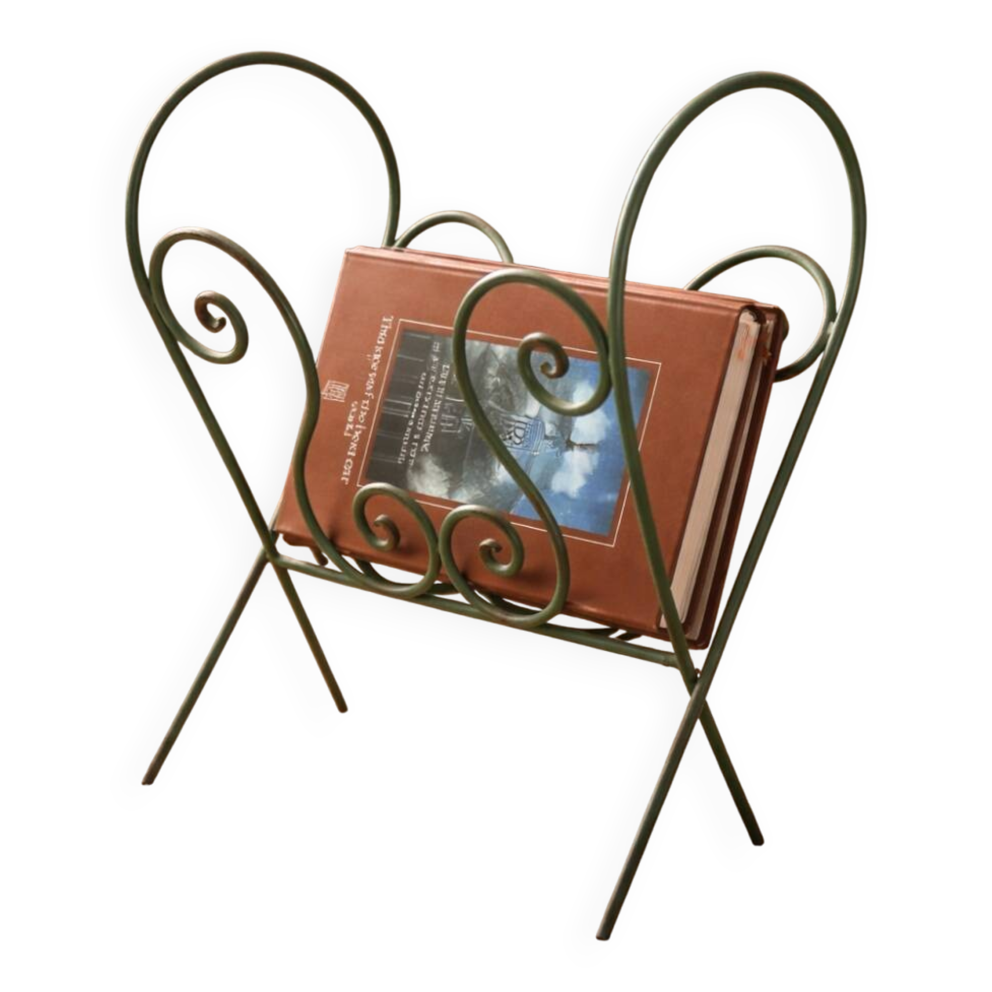 Vintage wrought iron magazine rack – handcrafted scrolls –