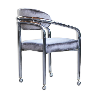 Postmodern chrome armchair grey velvet, casters