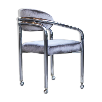 Fauteuil chromé postmoderne velours gris, roulettes