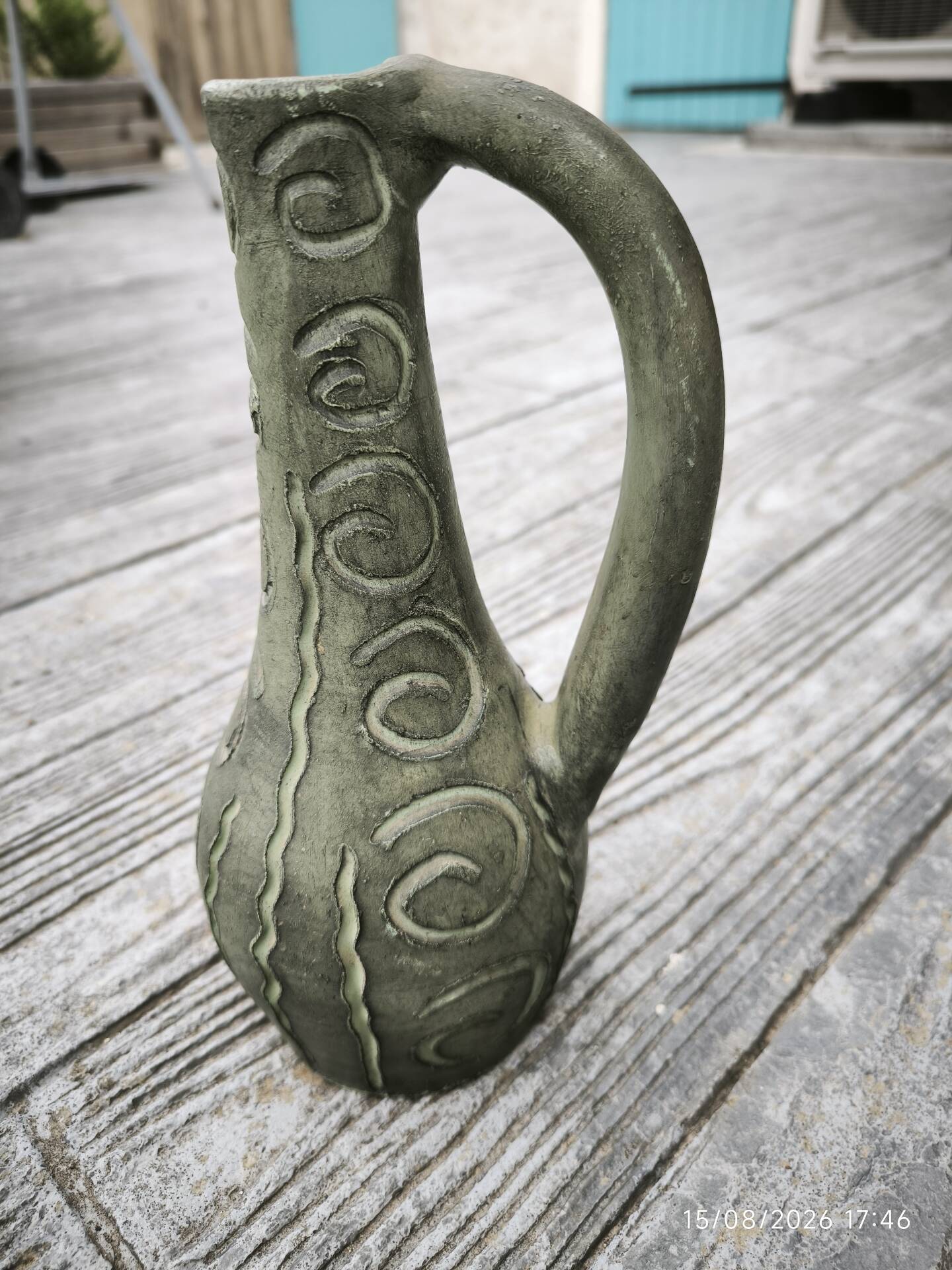 Large vintage ceramic pitcher vase – relief spiral decoration – no.