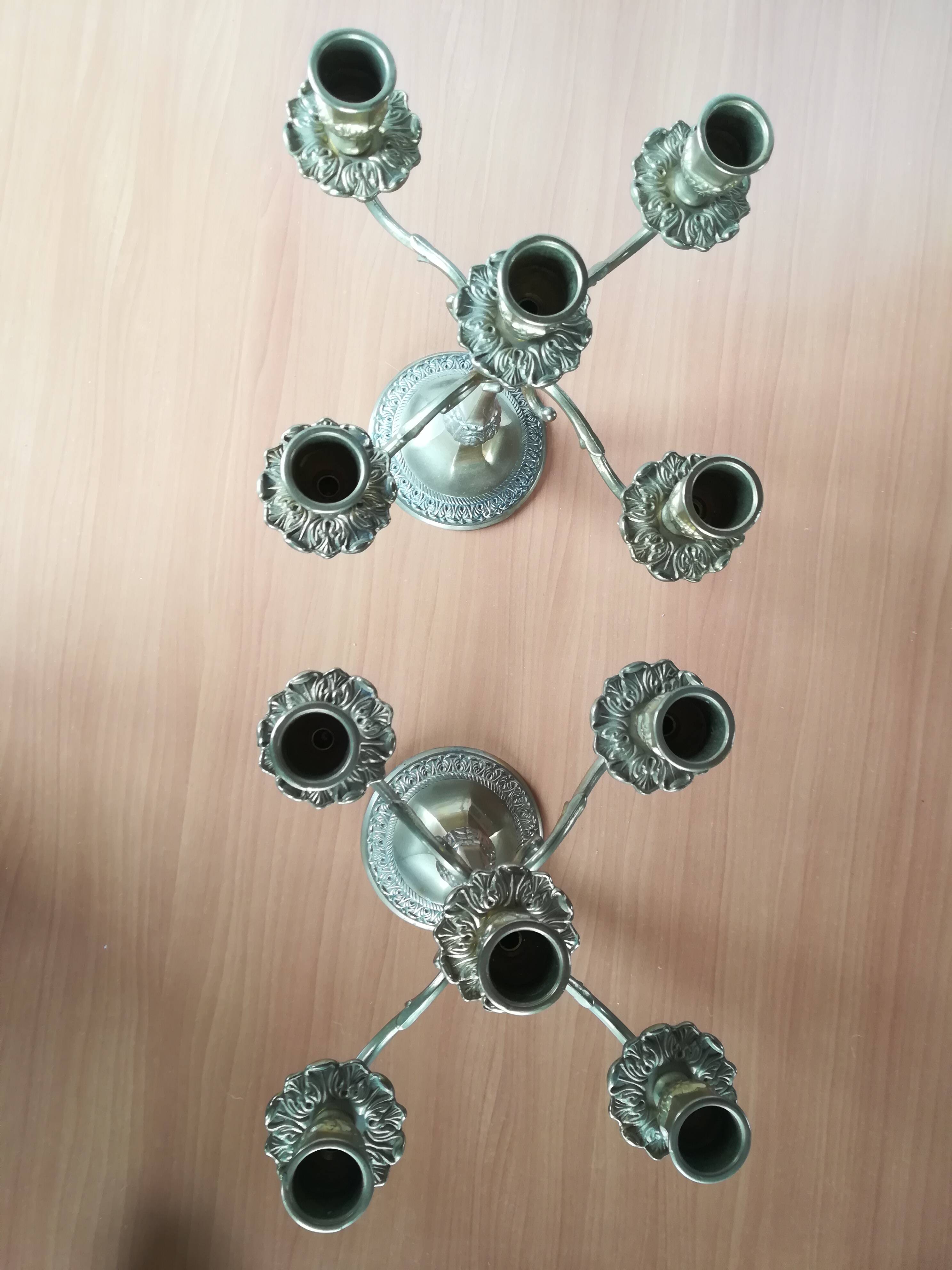 Pair of 5-light brass candelabra candlesticks, 20th century