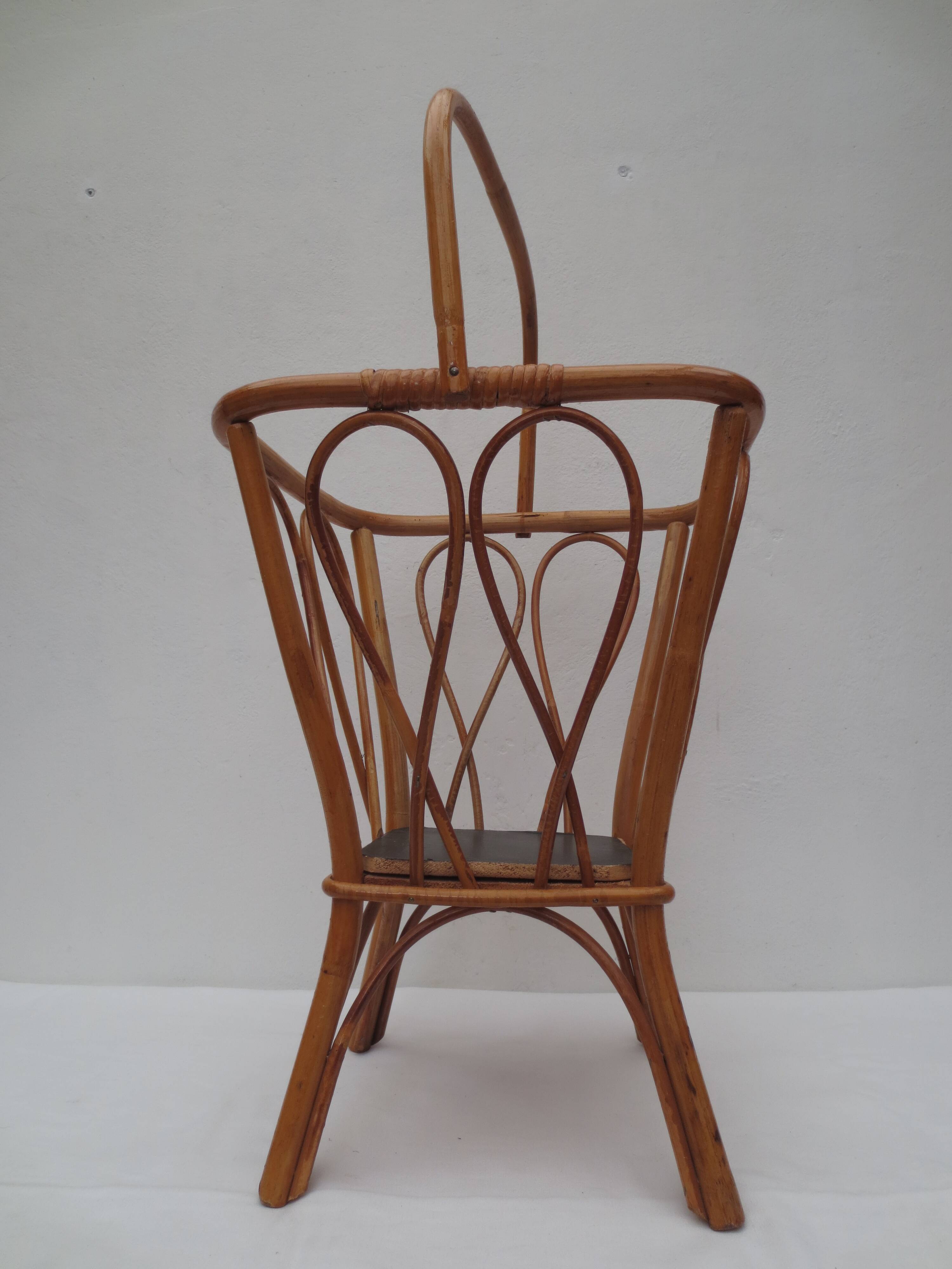 Square work basket on light varnished wicker legs, with handle