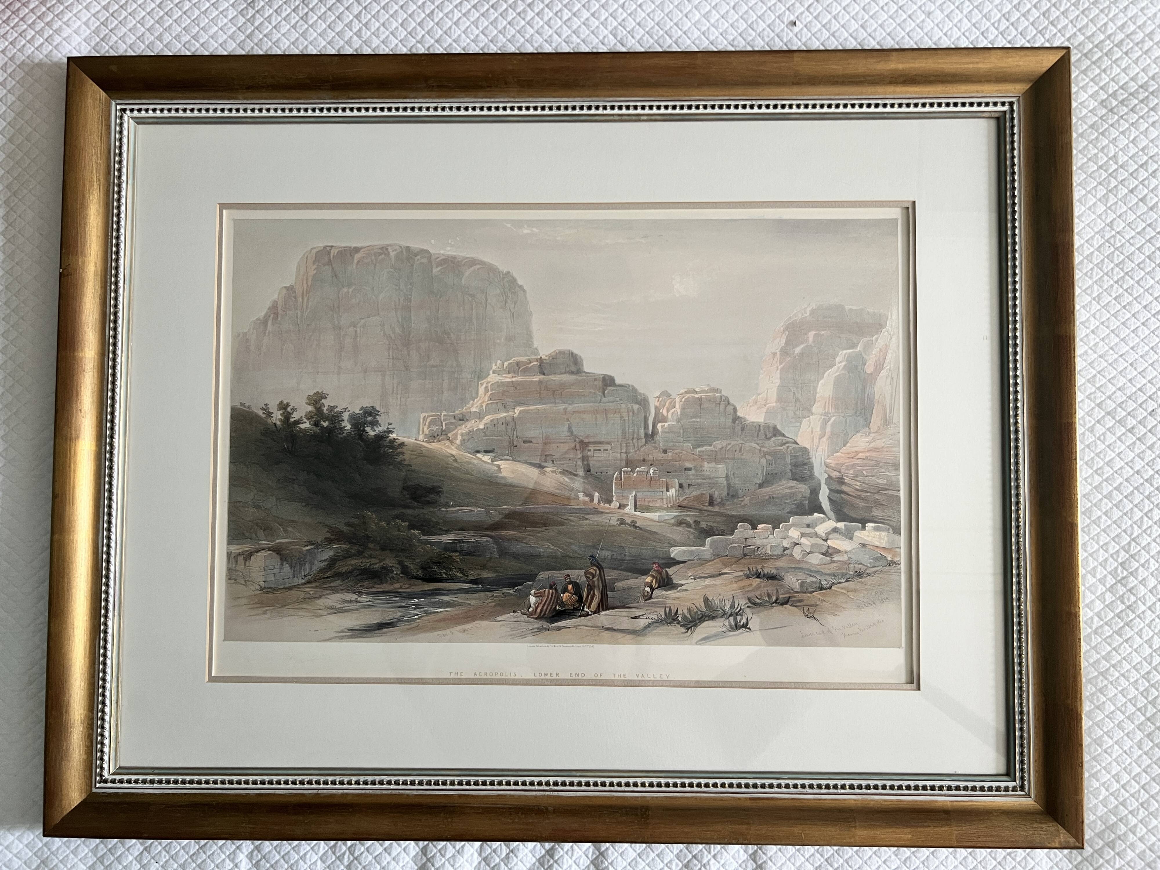 Framed 19th-Century lithograph after David Roberts depicting Petra Acropoli