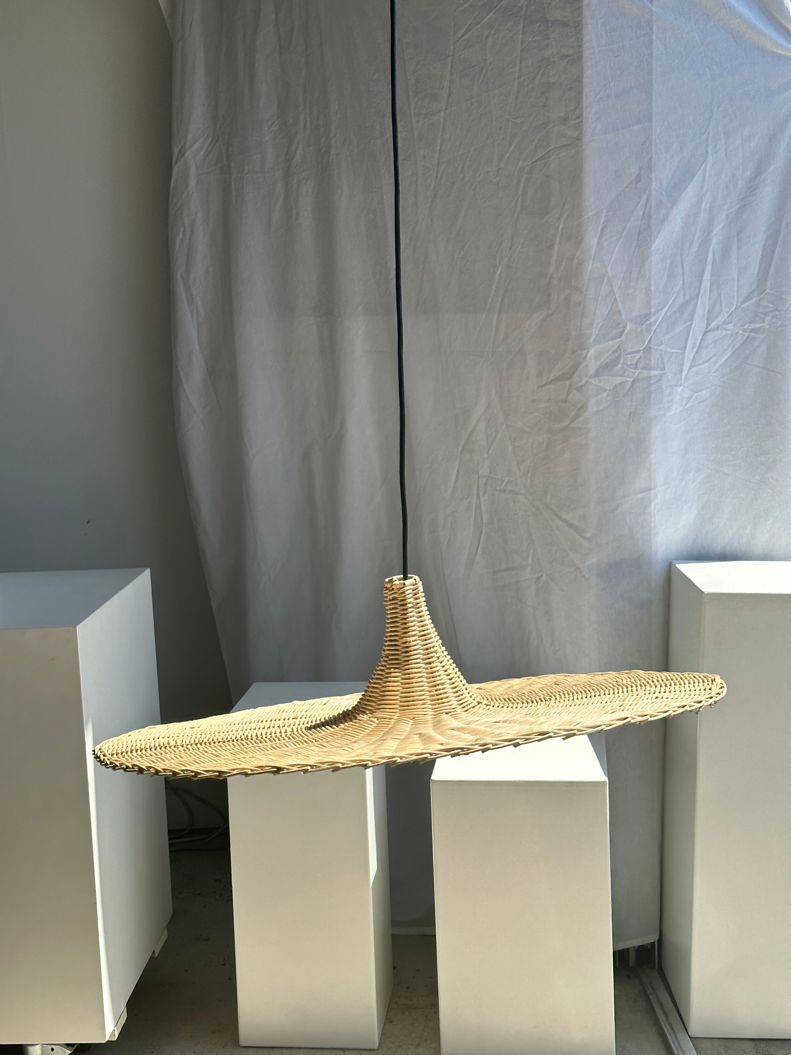 Large suspension, rattan luminaire in hat shape D:80cm