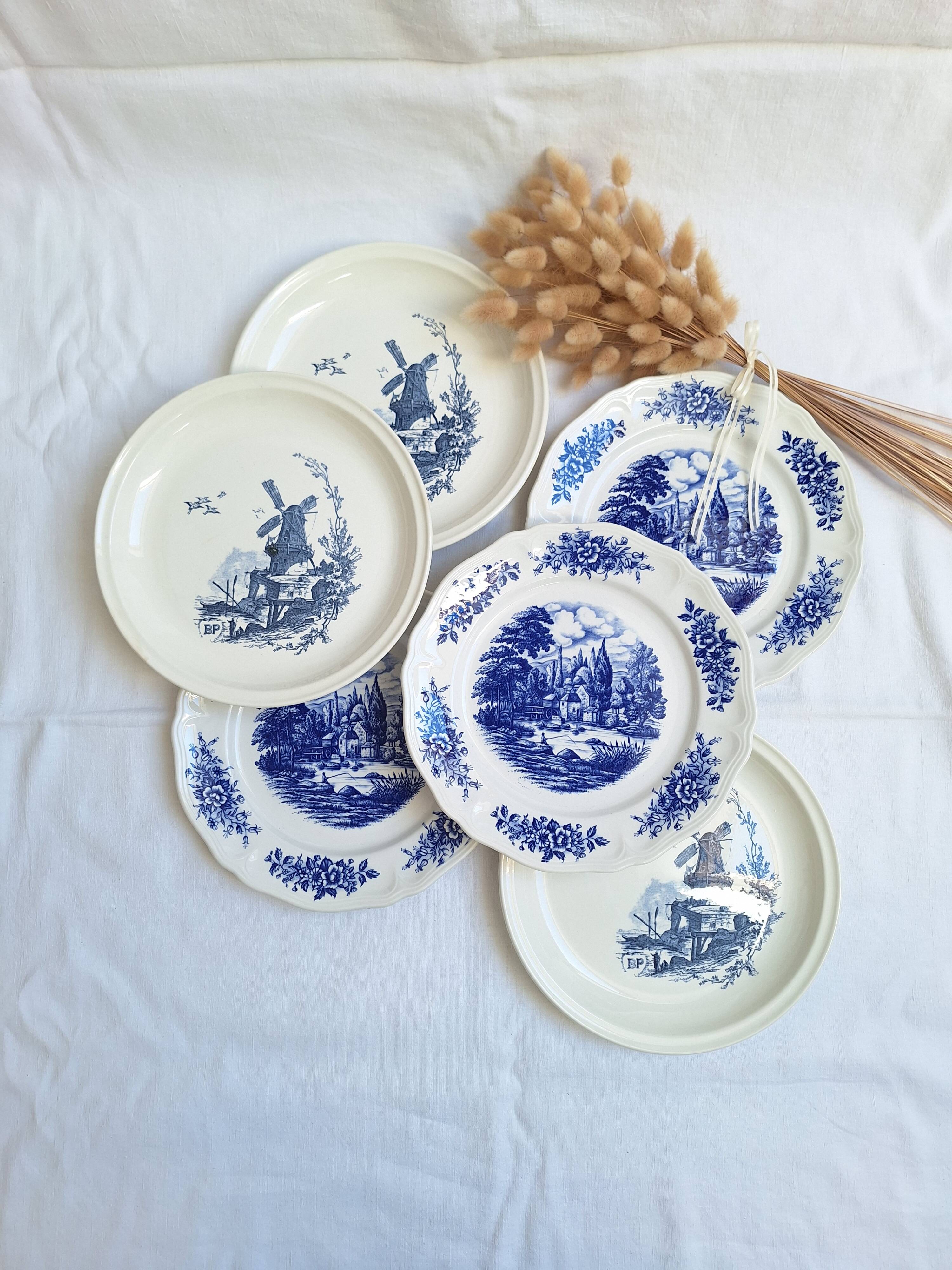 Vintage blue Moulin des Loups dinner plates
