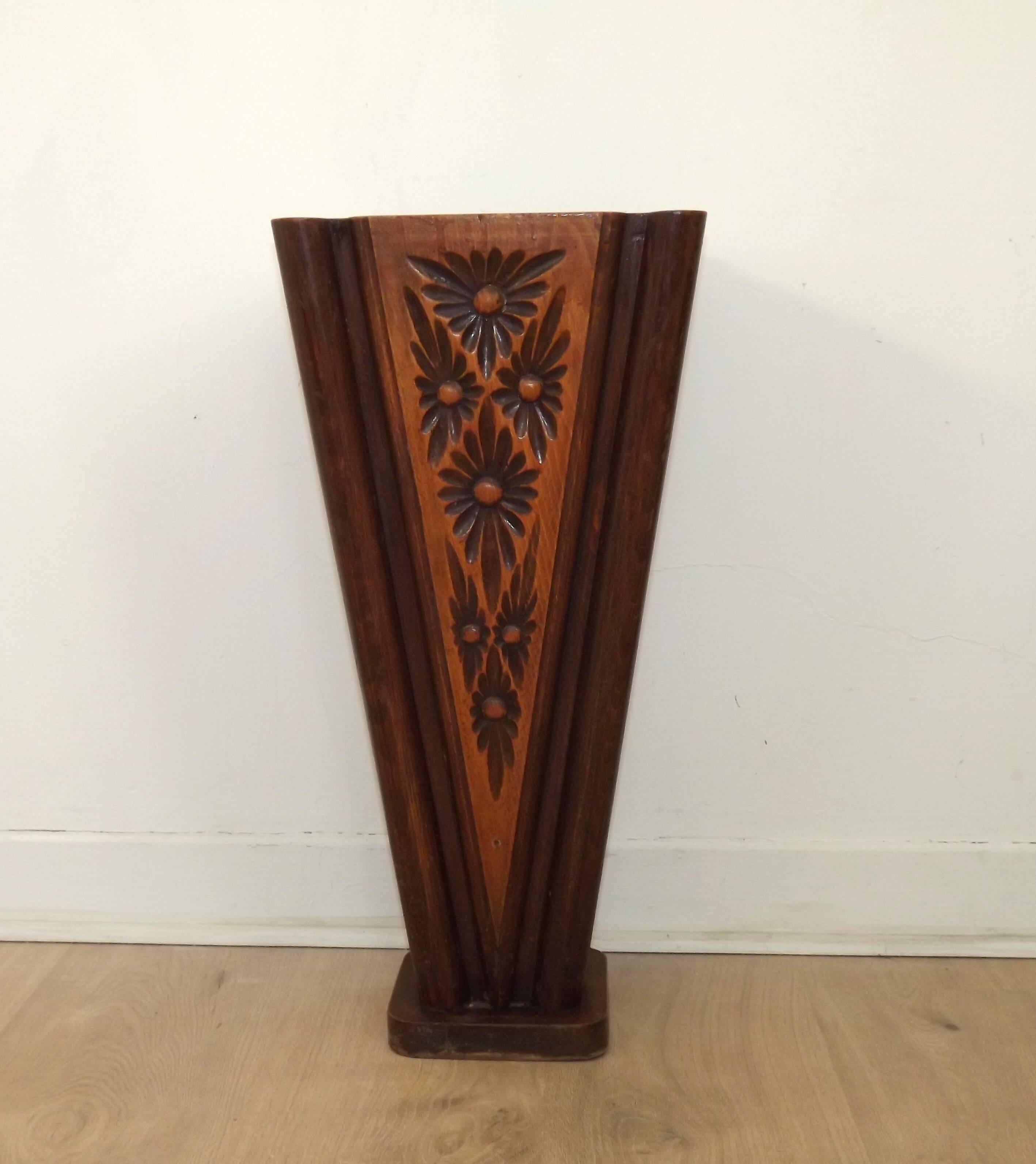 French antique oak tin-lined hand-carved umbrella stand with flower decoration.