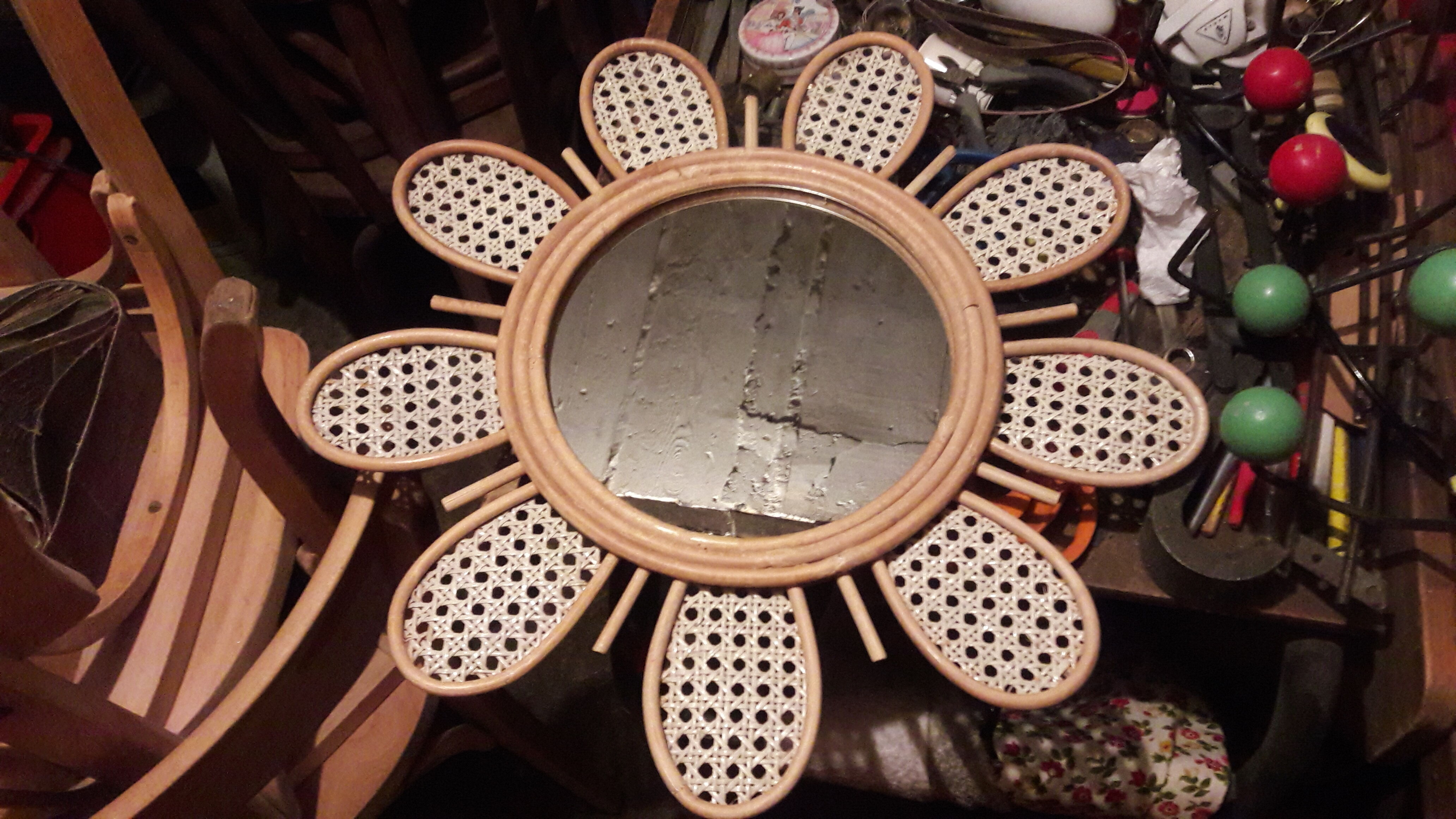 Rattan sun mirror and caning diameter 50cm
