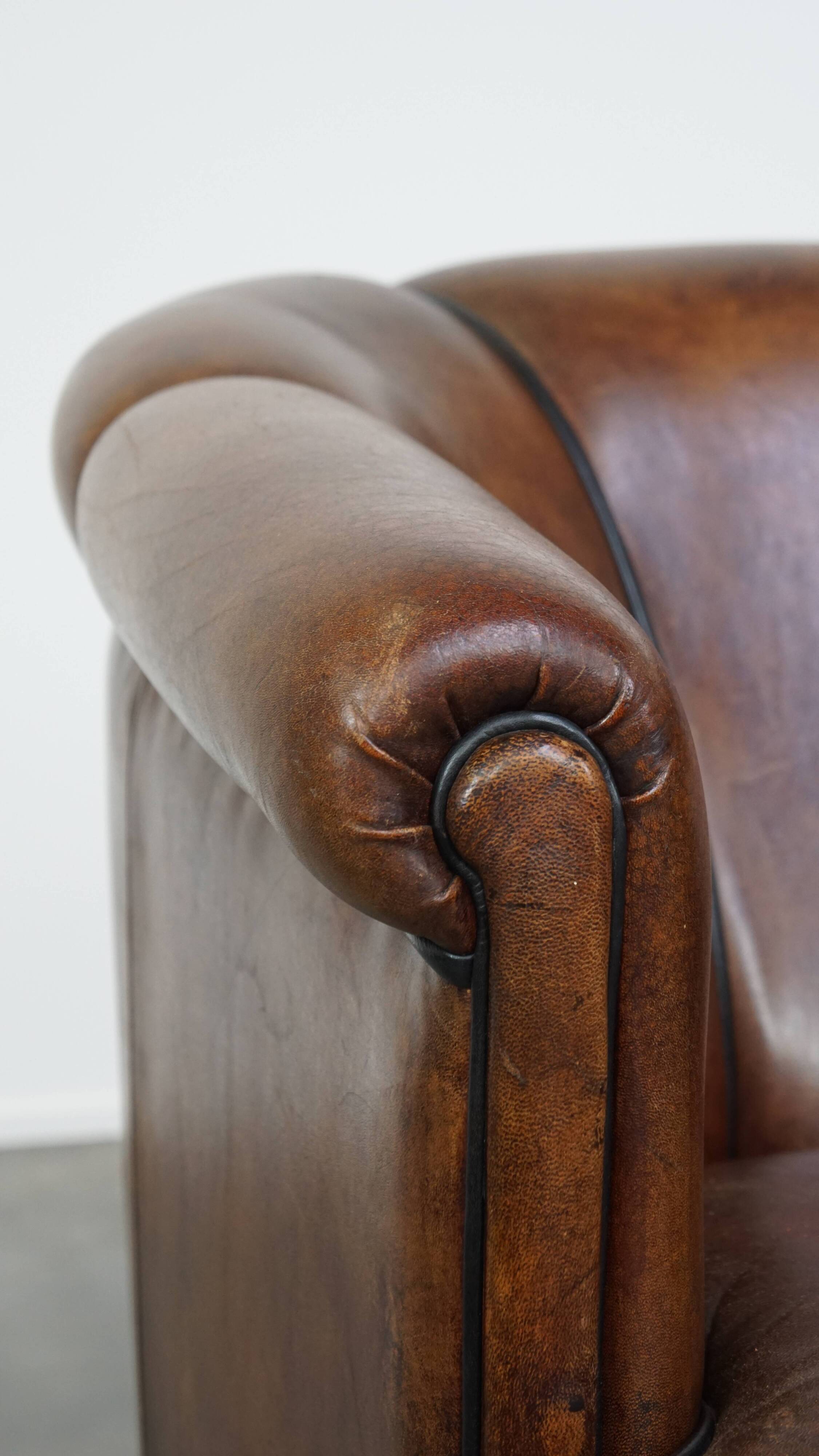 Dark Sheepskin Leather Club Chair with Black Piping