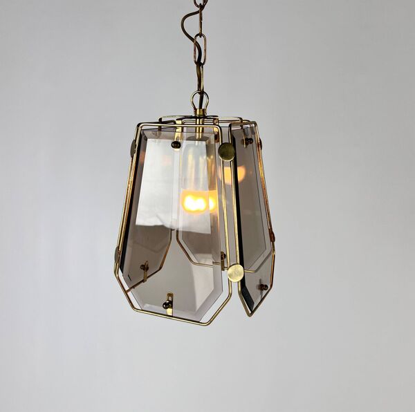 Suspension Hal en laiton français et verre fumé, années 1970