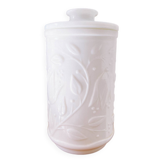 Ancien grand pot en verre opale blanc style pharmacie motif fleur relief vintage