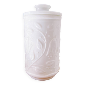 Old large white opal glass jar pharmacy style vintage relief flower pattern