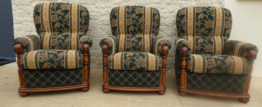 Three French-made cherry wood armchairs covered in velvet