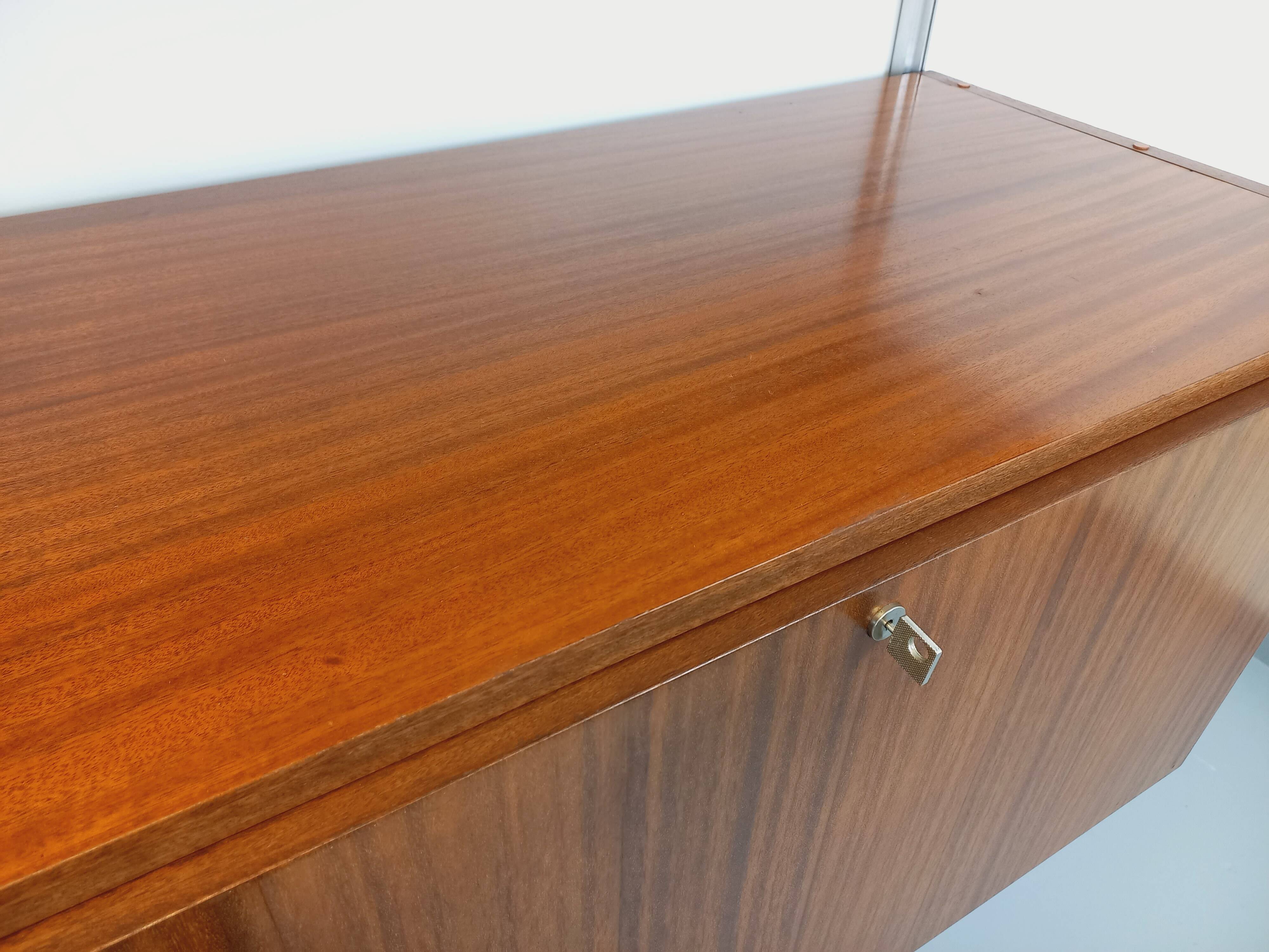 Wall shelf library with vintage ARP Minvielle secretary bar