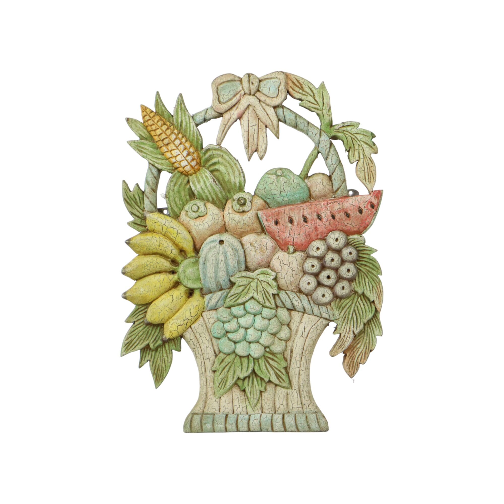 Vintage Fruit Basket with Bow Wood Carving Hand Painted Crackle Wall Decoration 41cm