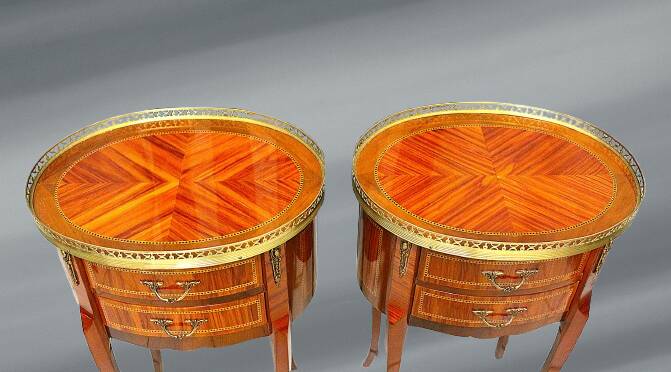 Pair of Bedside Tables / Salon in Marquetry Transition Style Louis XV/Louis XVI