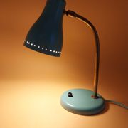 Green brass desk lamp with a goose neck on a ball joint from the 1960s.