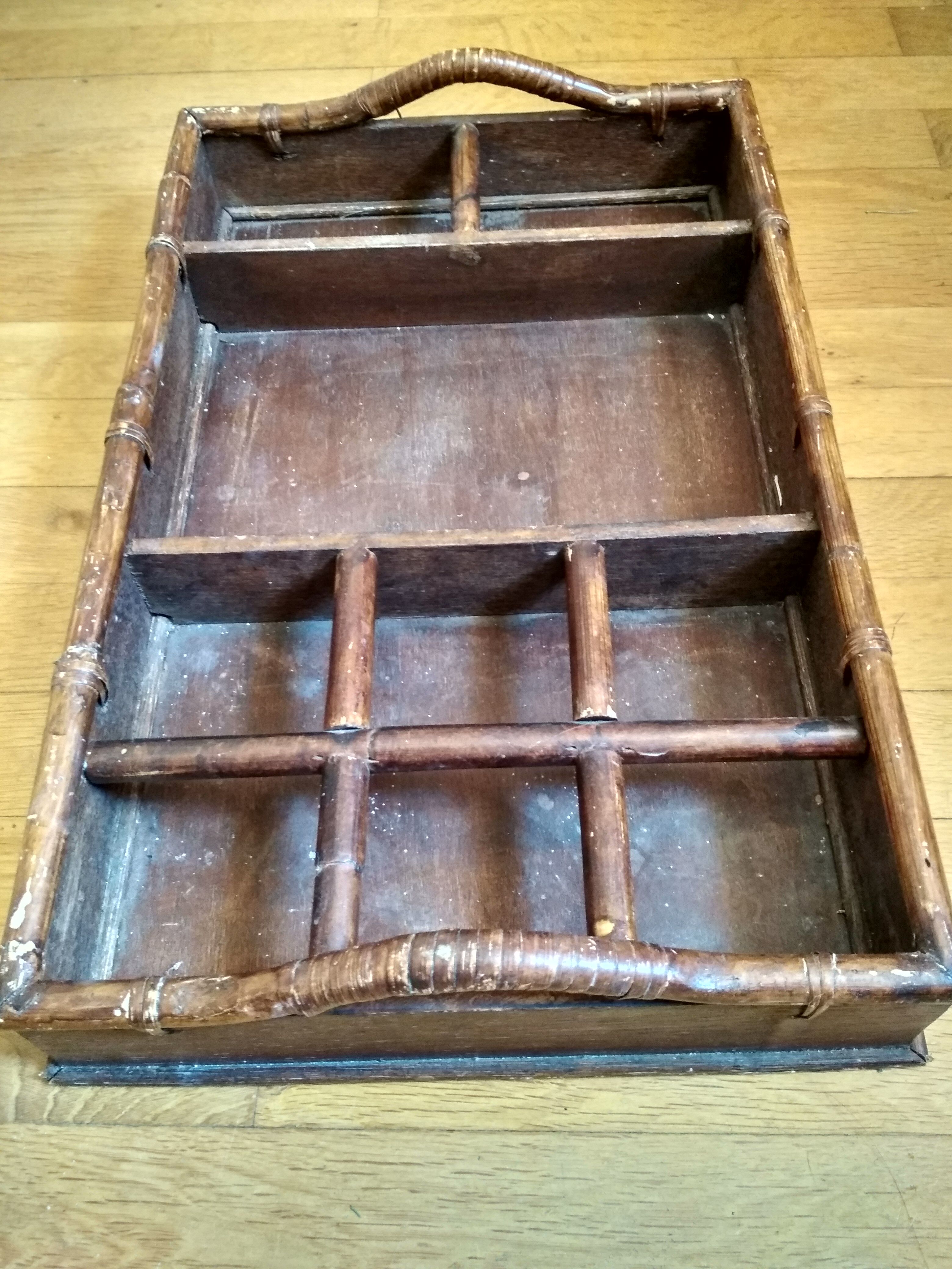 Large serving tray wood and rattan to doors lockers glasses and bottles