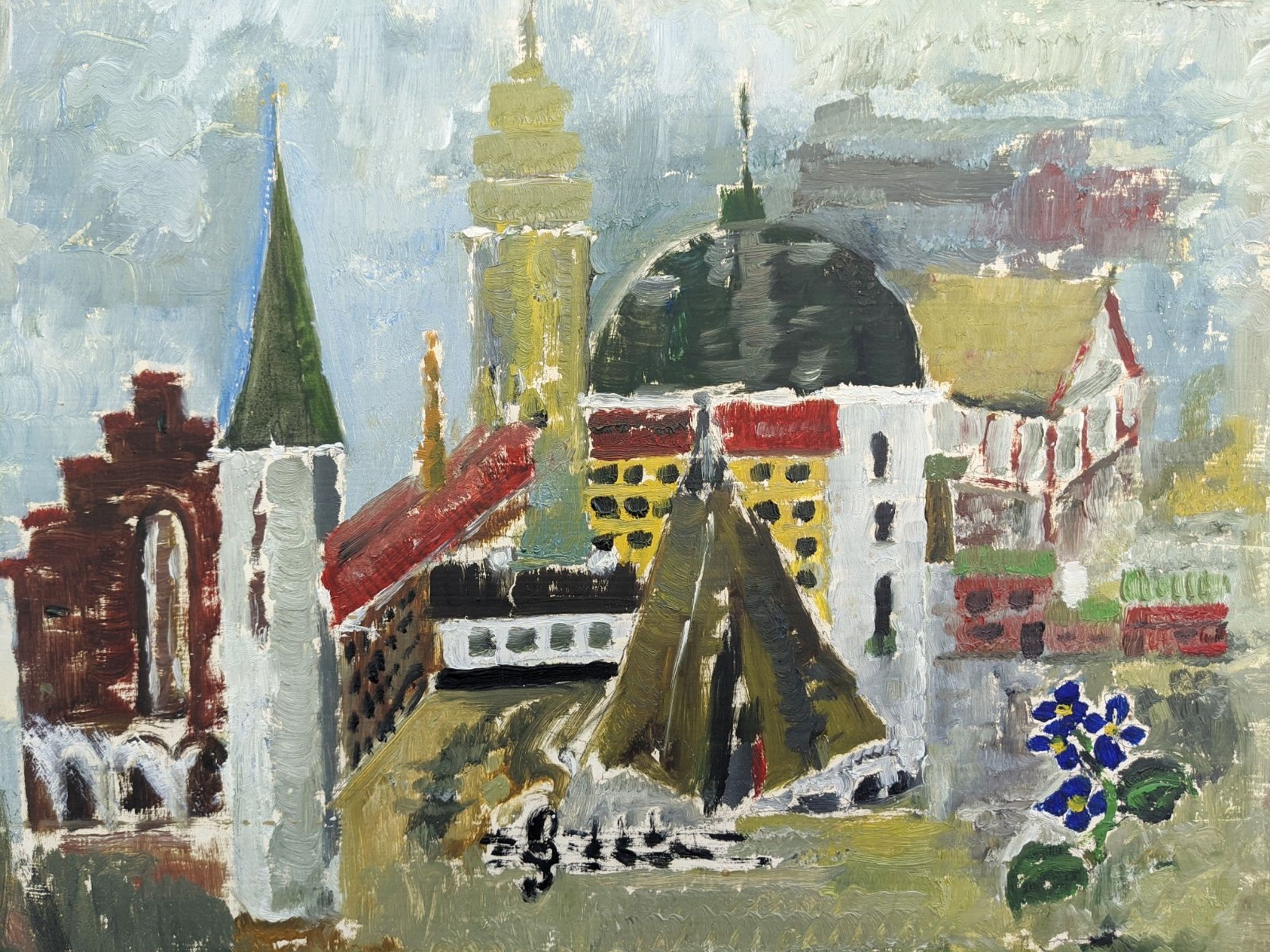 Mid-Century Modern Swedish Cityscape "City Views" Framed Oil Painting