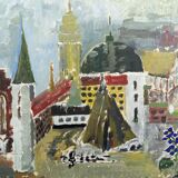 Mid-Century Modern Swedish Cityscape "City Views" Framed Oil Painting