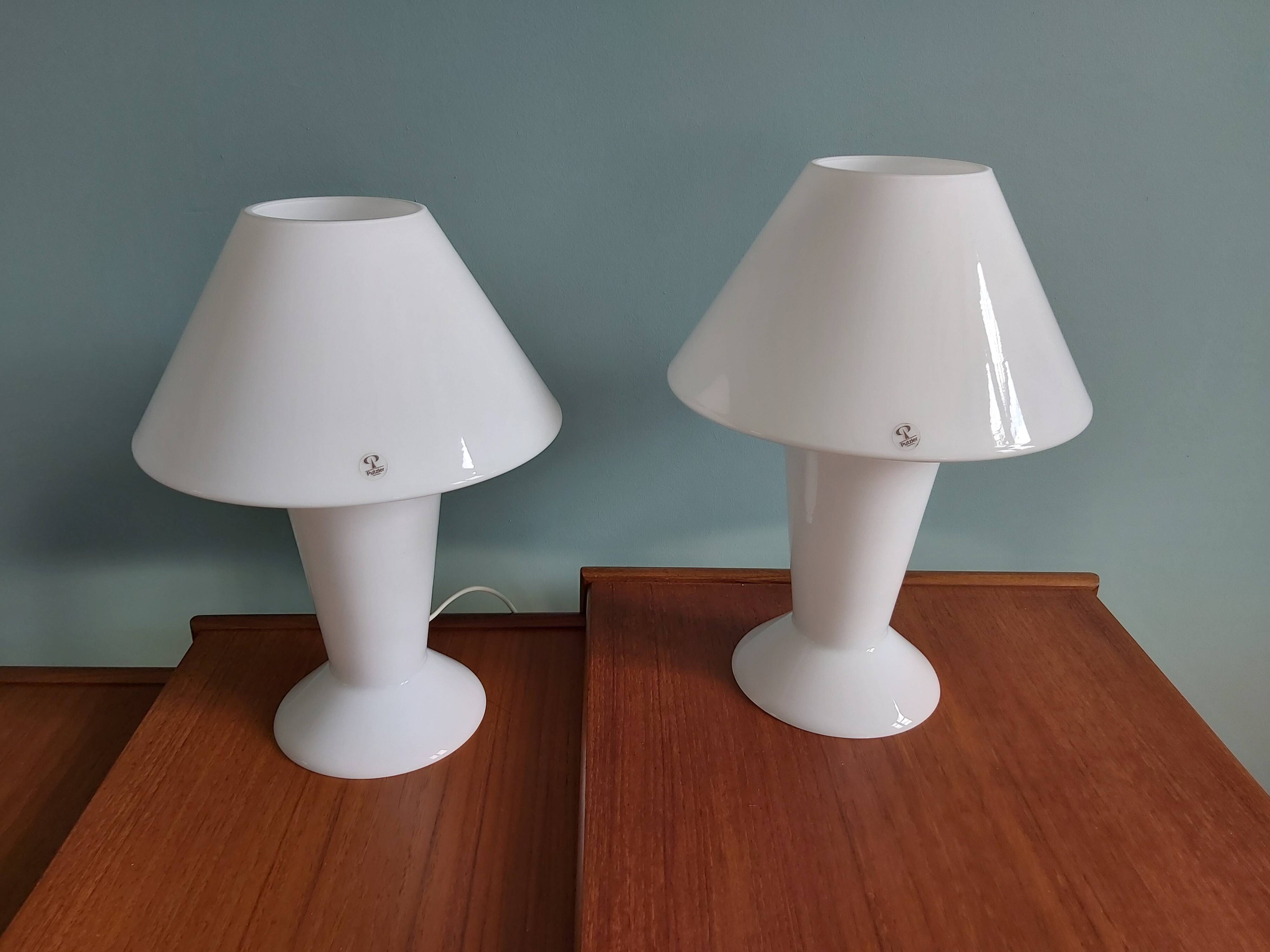 Pair of Peill & Putzler mushroom lamps in white opaline