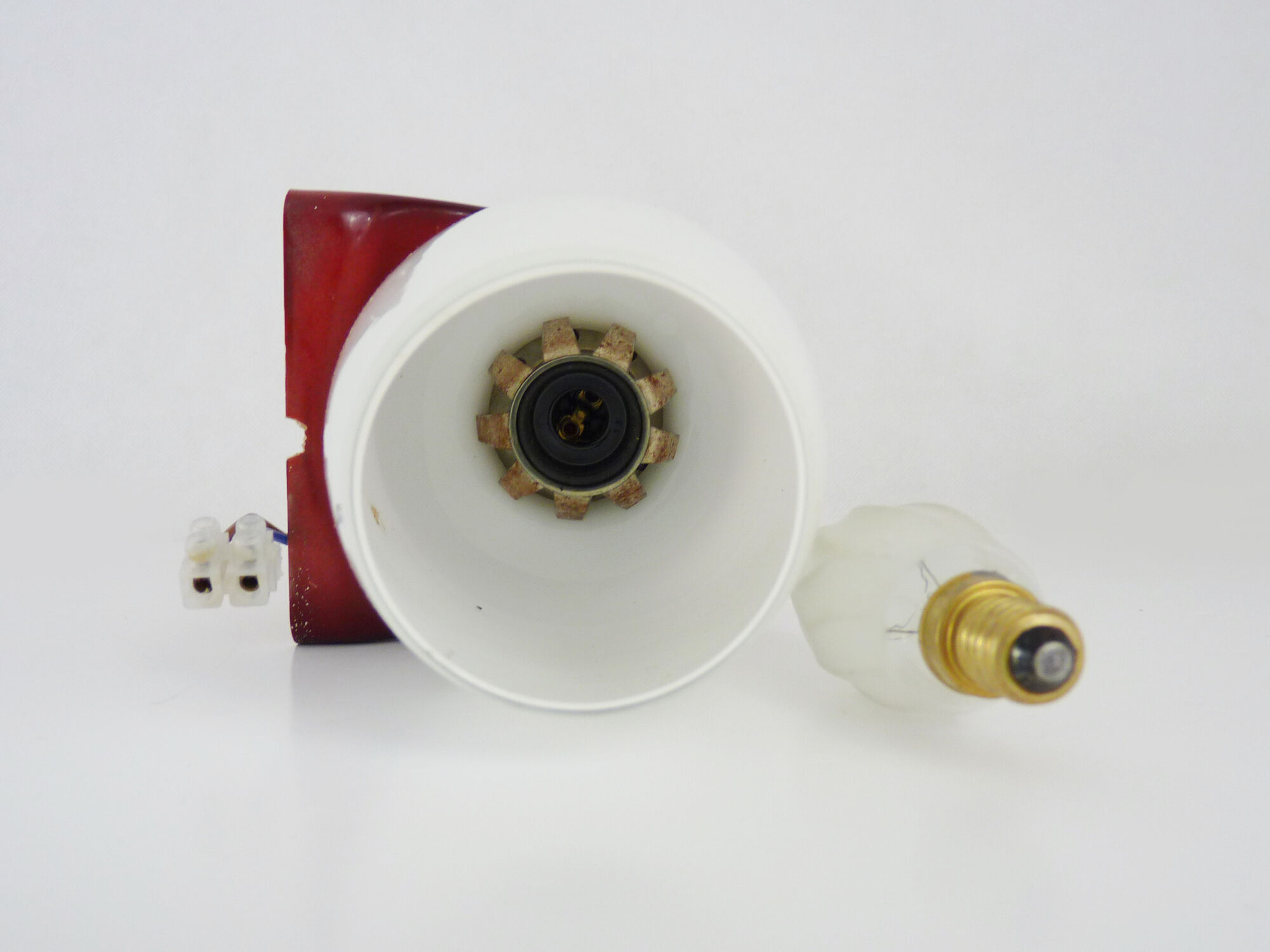 Vintage wall lamp in burgundy pvc and globe in white opaline. Year 70