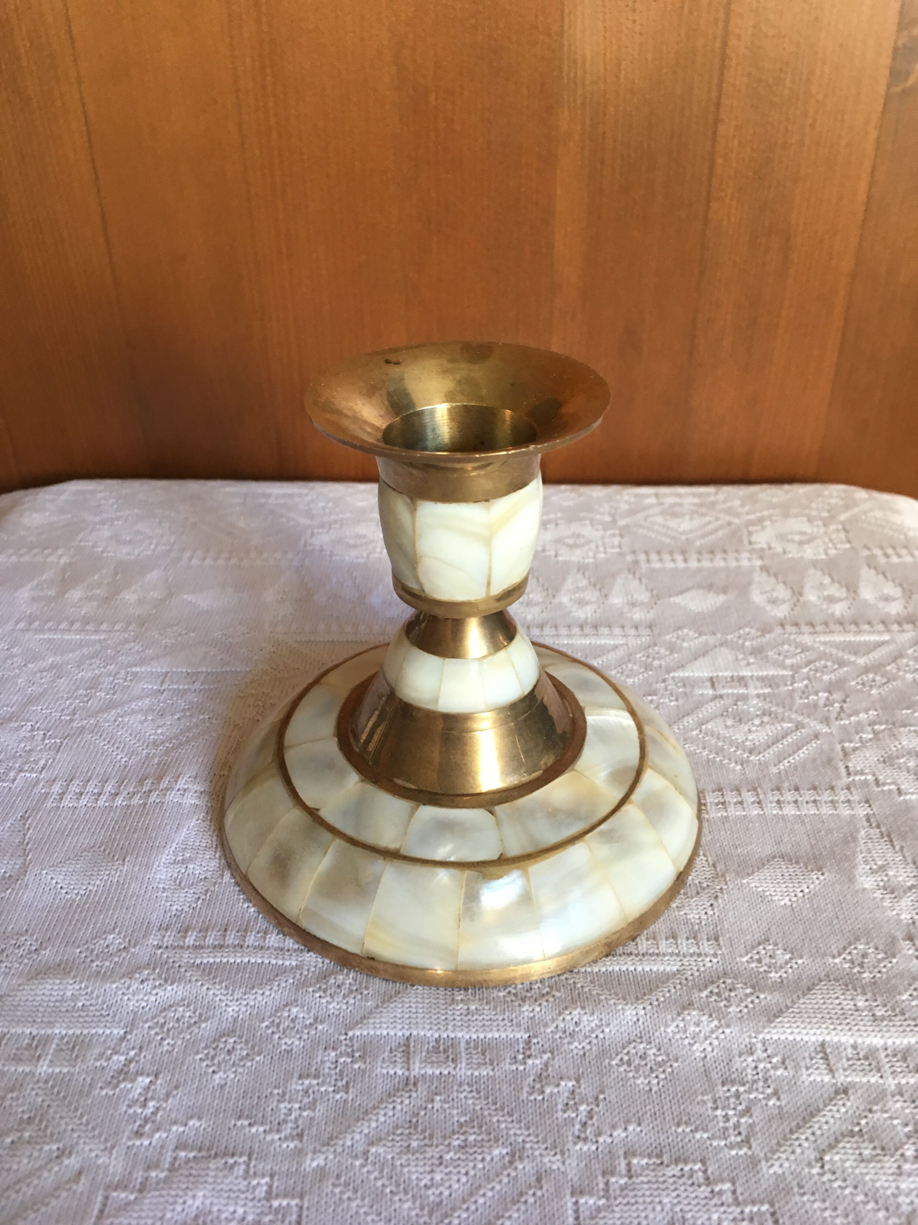 Brass and mother-of-pearl candle holder