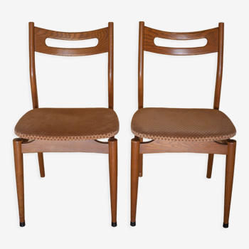 Paire de chaises en bois scandinave, assise tissu, années 60
