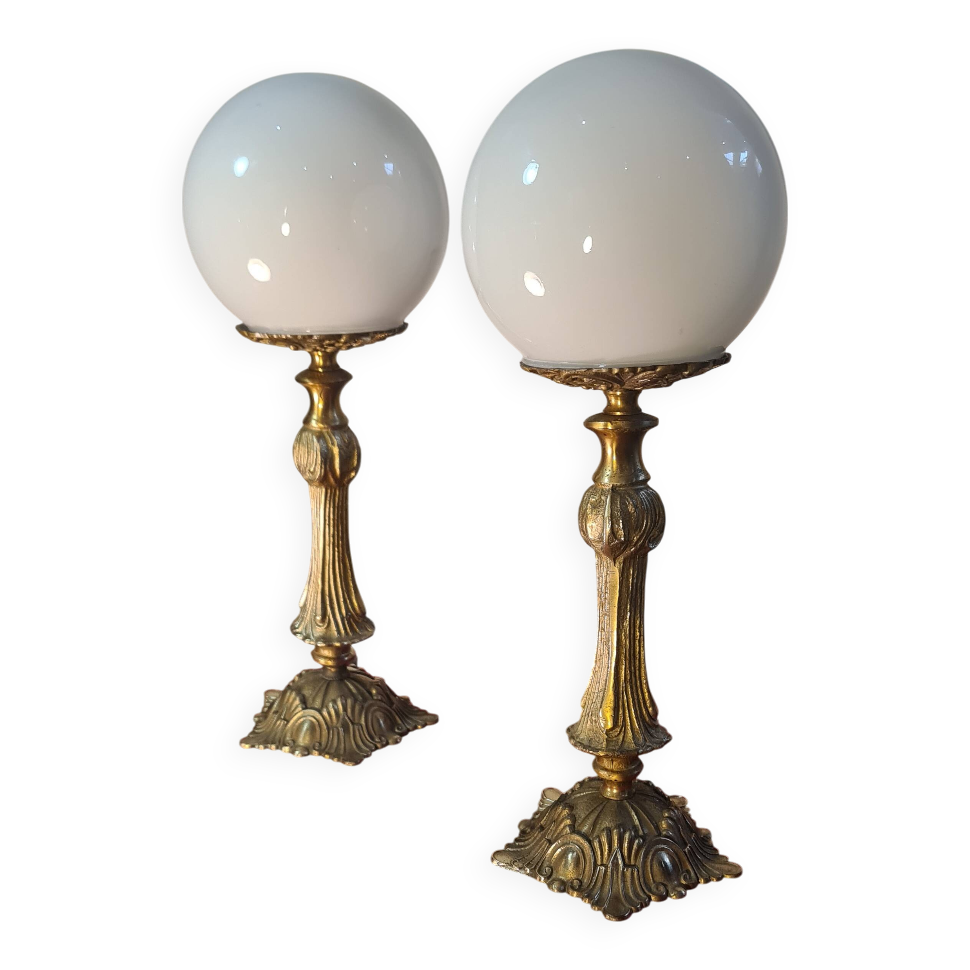 pair of bronze and opaline bedside lamps 31x11 electric refurbished