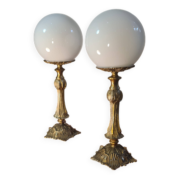 pair of bronze and opaline bedside lamps 31x11 electric refurbished