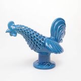 Vintage Italian Blue Ceramic Rooster, Behrend 1960s