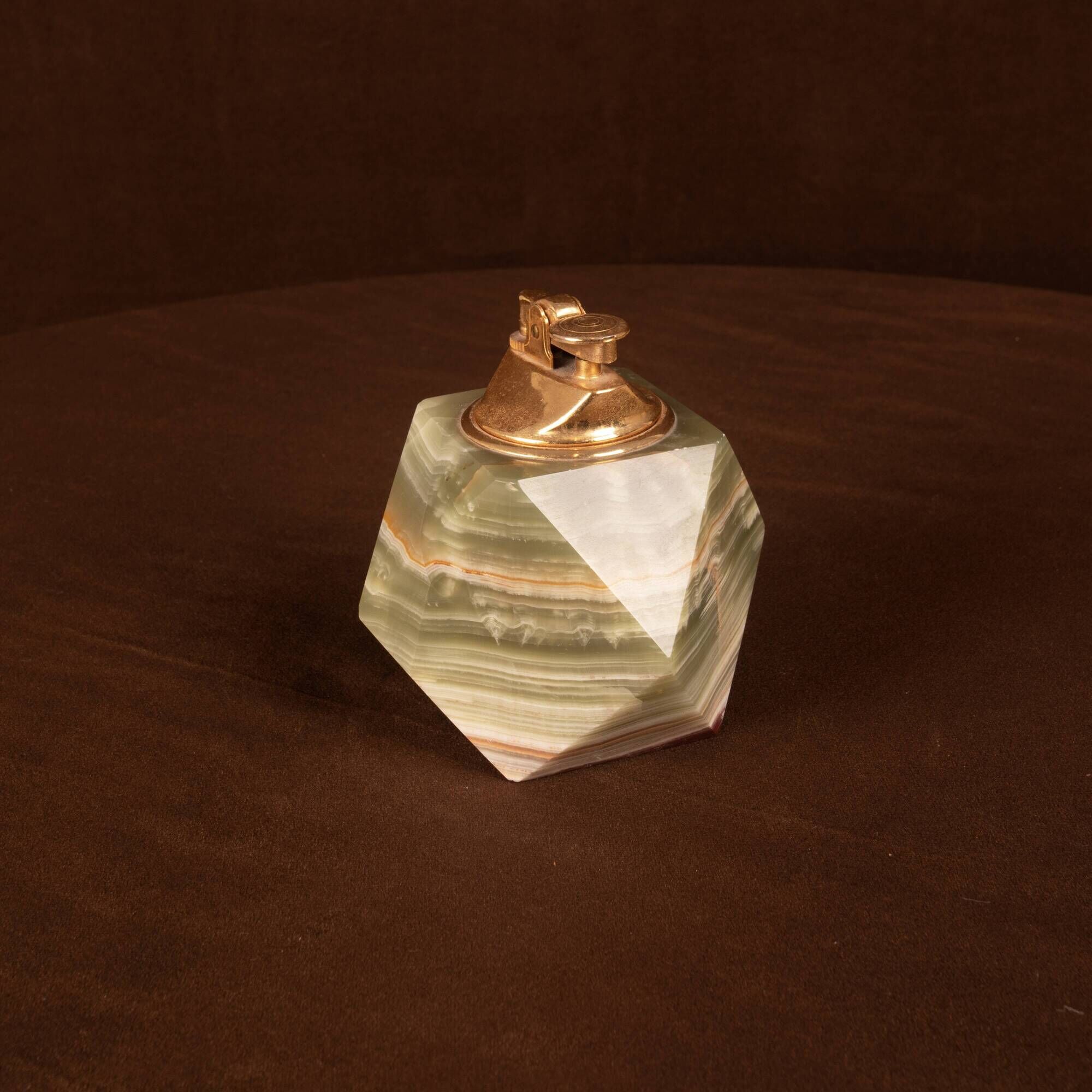 Italian Geometric Green Onyx and Brass Table Lighter, 1970