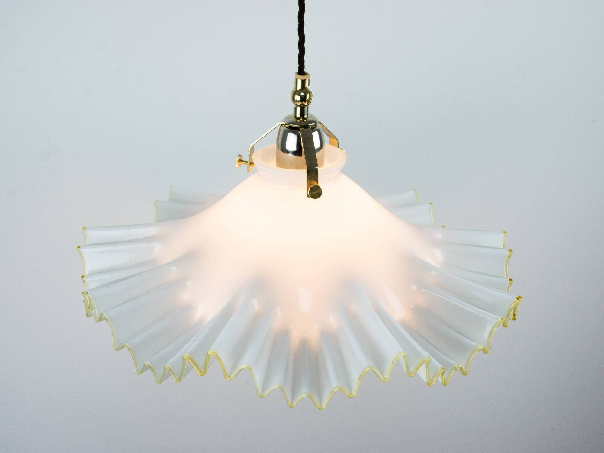Murano Style White Ruffled Italian Hanging Glass Lamp From The 1970s