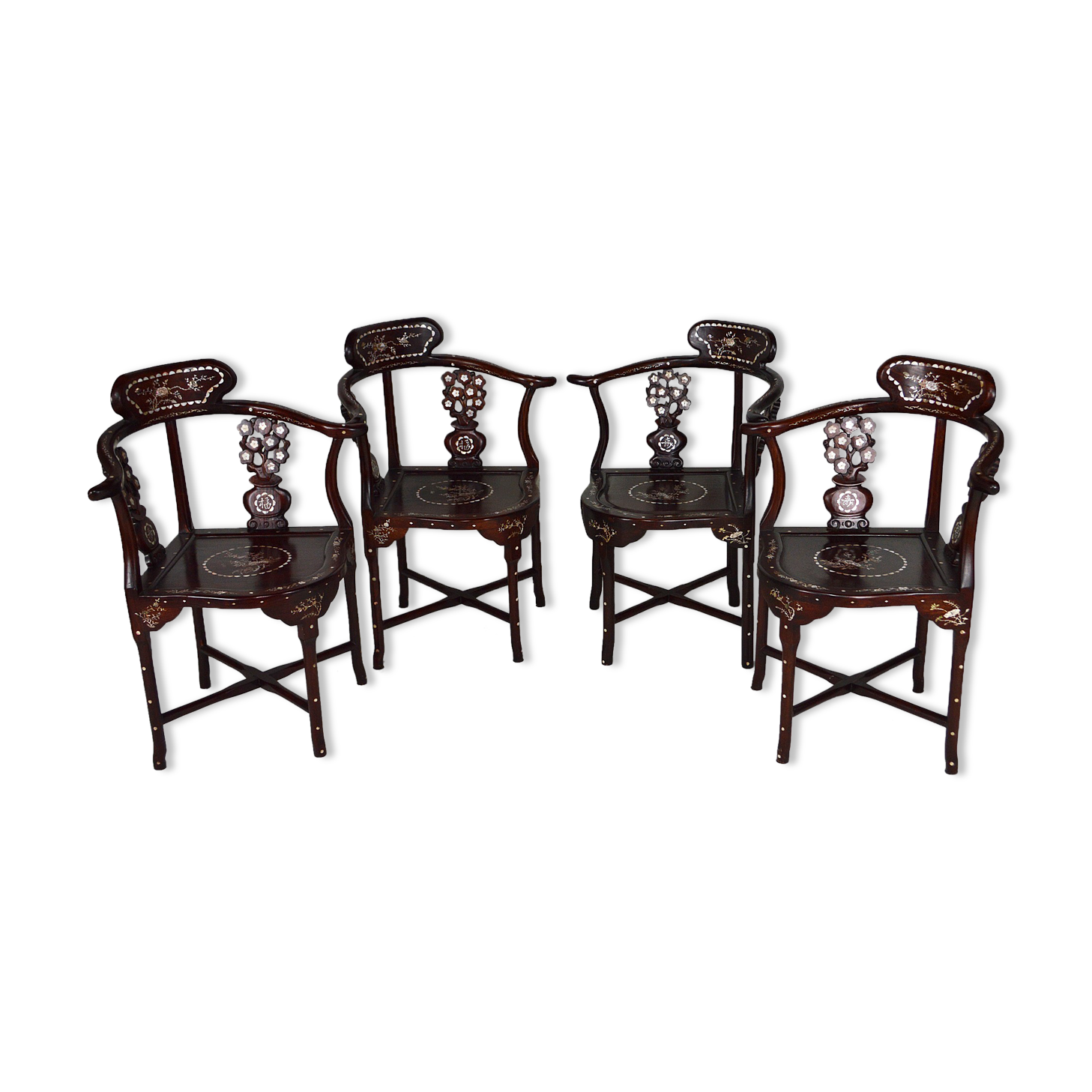4 Asian armchairs in carved wood and mother-of-pearl inlaid, early twentieth century