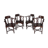 4 Asian armchairs in carved wood and mother-of-pearl inlaid, early twentieth century