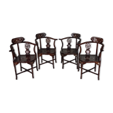 4 Asian armchairs in carved wood and mother-of-pearl inlaid, early twentieth century