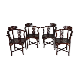 4 Asian armchairs in carved wood and mother-of-pearl inlaid, early twentieth century