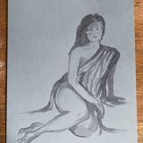 Signed watercolor painting on Denim paper portrait of a woman “waiting for the bath”