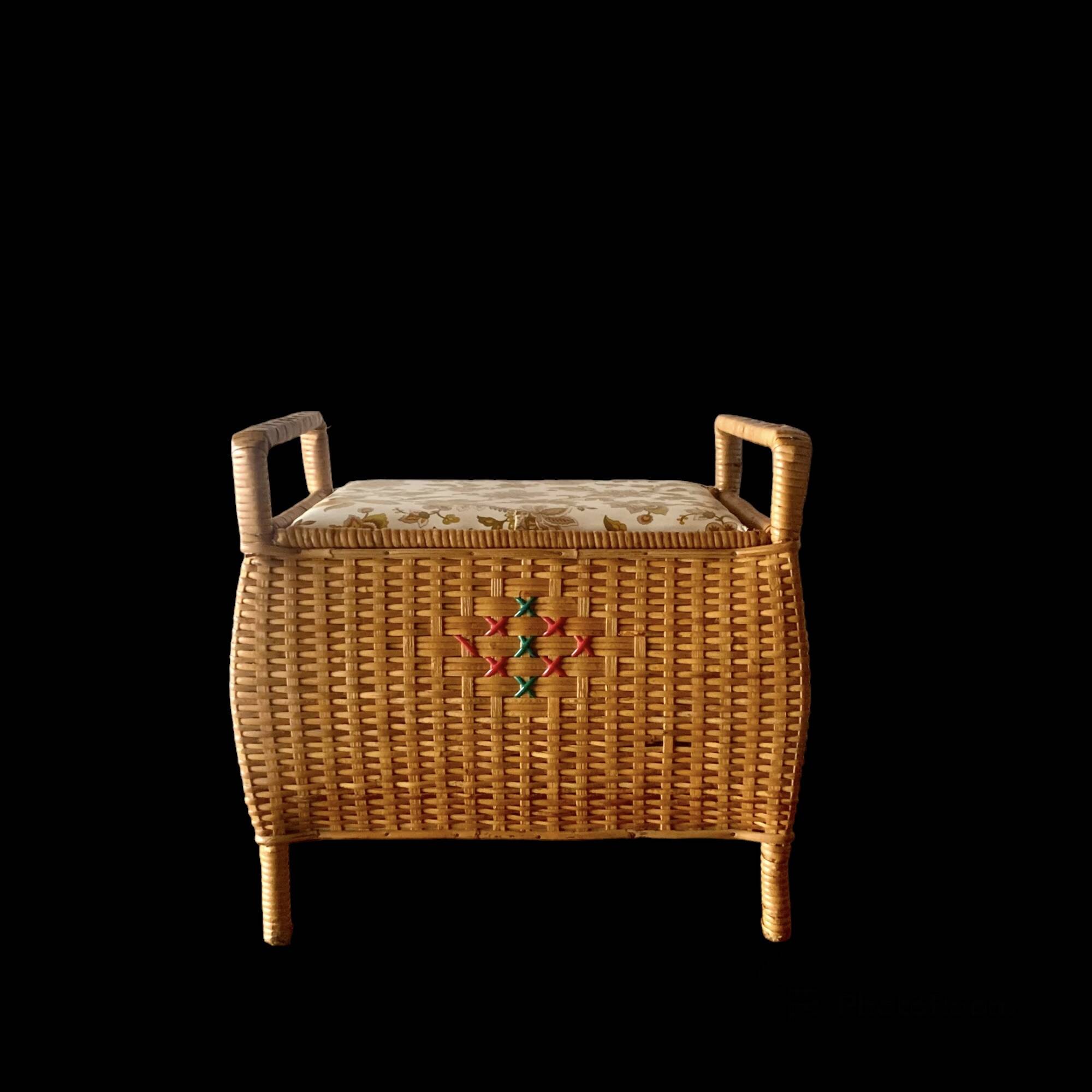 Large vintage rattan and wicker sewing basket with floral decor seat