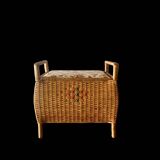 Large vintage rattan and wicker sewing basket with floral decor seat