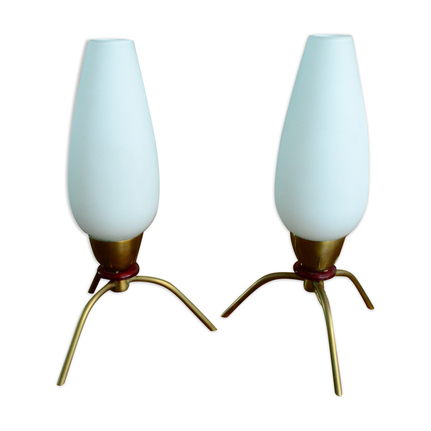 Pair of opaline tripod bedside lamps
