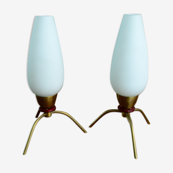 Pair of opaline tripod bedside lamps