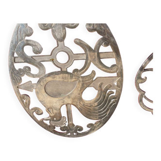 2 Silver metal trivets 1 rooster and 1 duck Vintage “Italian” type